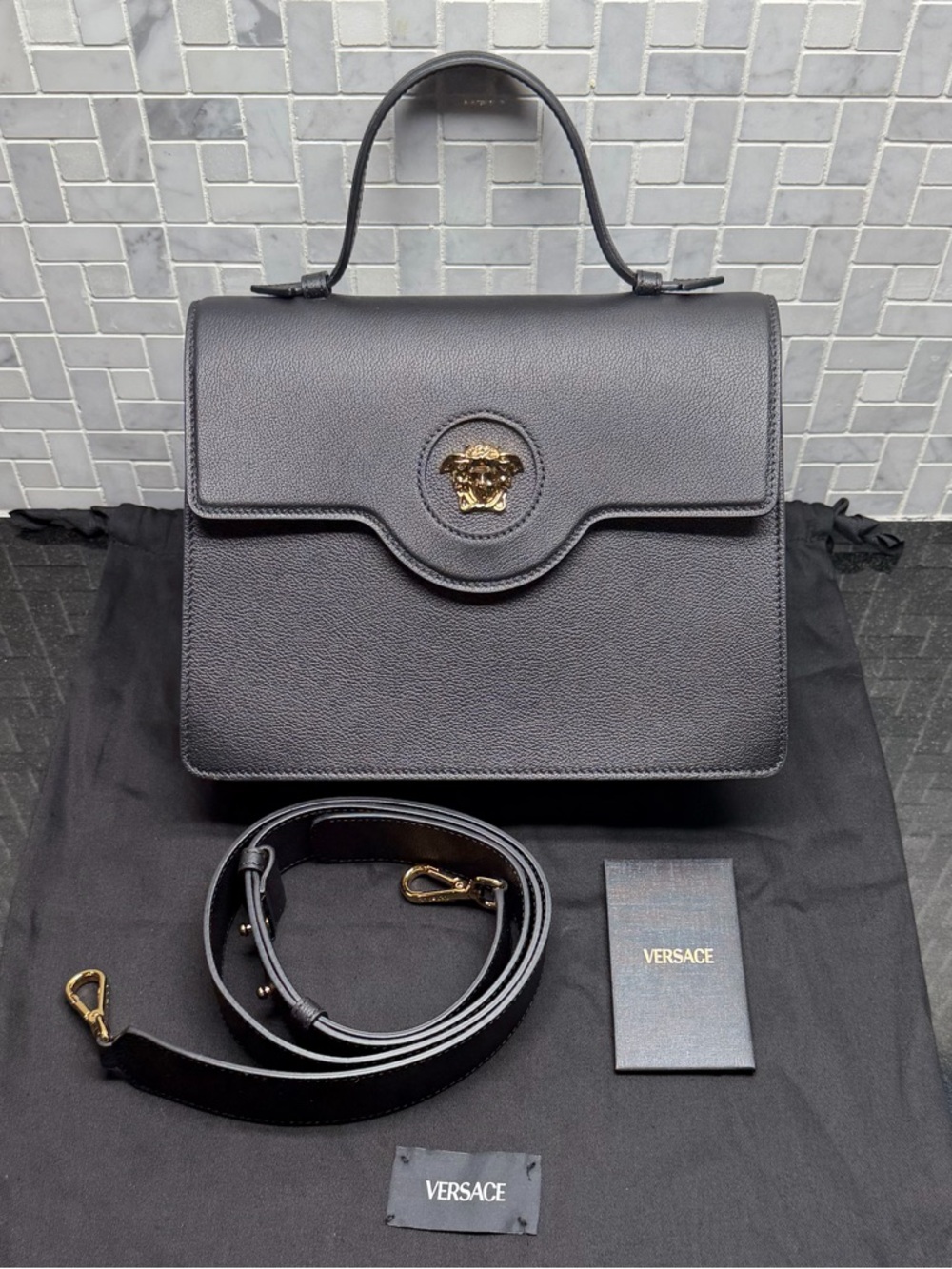 Versace Medium Vitello Leather Medusa Top Handle Bag Black Gold Crossbody Strap